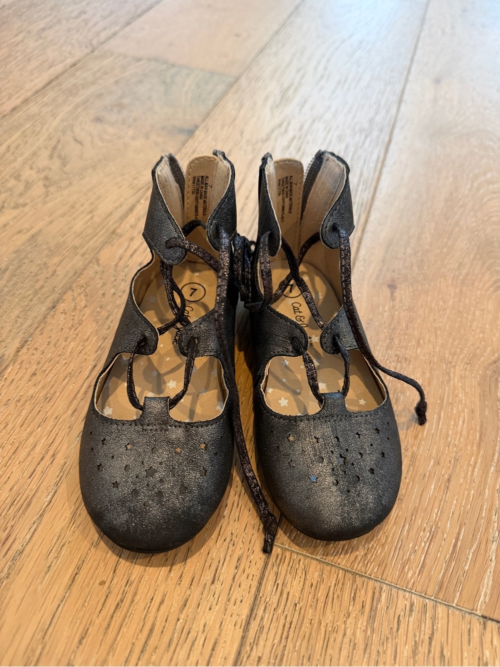 Girls Sparkly Black Lace-Up Cutout Ballet Flats